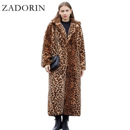 ZADORIN High Street Leopard Print Long Faux Fur Coat Fuzzy Jacket for Women Winter Rabbit Plush Coats and Jackets 211129