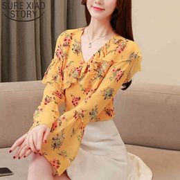 Women Tops Spring Fashion Long-sleeved V-neck Ruffled Floral Blouse Beautiful Splice Chiffon Shirt 3081 50 210508