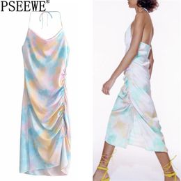 Tie Dye Halter Long Dress Women Backless Slip Midi Summer Woman Dresses Ruched Elegant Sexy Party 210519