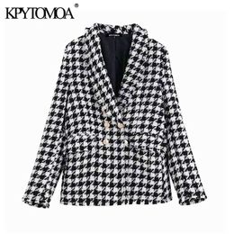 KPYTOMOA Women Fashion Double Breasted Houndstooth Tweed Blazers Coat Vintage Long Sleeve Frayed Trim Female Outerwear Chic Tops 211019