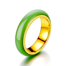 -Anillo de jade verde artificial China Jadeite Amuleto Moda Charm Joyería de acero inoxidable Tallado a mano Regalos para mujeres hombres
