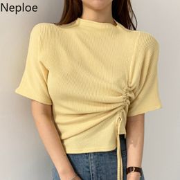 Neploe Fashion Woman Tshirts Drawstring Irregular Slim Fit Shirt O Neck Pullover Short Sleeve Tees Summer New Ladies Top 210422