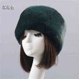 Dark Green Flat Roof Fluffy Snow New Year Winter Plush Thick Fur Hat Faux Fox Furry Cap Head Warmer Outdoor Hats Women Girl Men Y21111