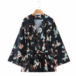 Spring Women Flower Printing Sashes Kimono Shirt Female Nine Quarter Sleeve Blouse Casual Lady Loose Tops Blusas S8656 210430