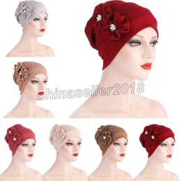 Elastic Fashion Turban Hat Solid Color Women Flower Indian Hat Headscarf Bonnet Inner Hijabs Cap Muslim Hijab Femme Wrap Head