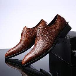 Black Brown Crocodile Pattern Genuine Leather Lace-Up Men Dress Shoes Casual Business Office Pointed Toe Male Shoes Comfortable