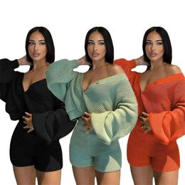Women's Tracksuits Zoctuo Solid Knitted Sweater Cardigan Shorts Sets Cosy Sexy Fall Winter Outfit 2021 Casual Two Piece Set Lounge Wear D73-
