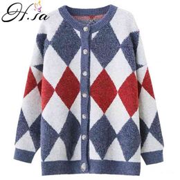 Winter Knit Sweater Coat Argyle Cardigans Button Up OVERSIZED Long jackets Thick Warm 210430