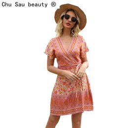 beauty Boho Fashion Print Wrap Dresses Women Holiday Chic V-neck Bow Sashes Summer Mini Mujer Vestido 210514