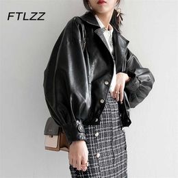 Fashion Leathter Jackaet for Women Long Sleeve Biker Motorcycle Style Short Faux Leather Coat Ladies Loose Button Up Jackets 210525