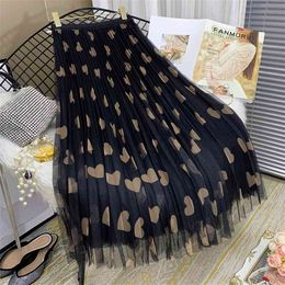 High waist pleated skirt women autumn winter Korean love mesh print Vintage long yarn woman s 210629