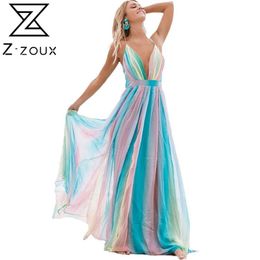 Women Dress Rainbow Patchwork Deep V Neck Bohemia Sexy Long Backless Spaghetti Strap Maxi es Plus Size 210524