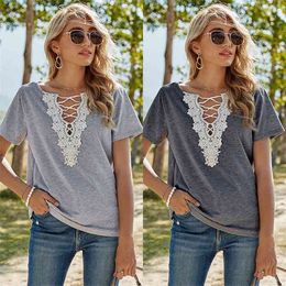 Summer Gray T Shirts Women Casual Floral Lace Patchwork V Neck Short Sleeve Top Female Solid Color Loose Spring T-Shirt 210522