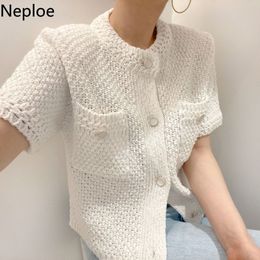 Neploe Korean Knitwear Cardigan O Neck Single Breasted Loose Sueter Short Sleeve White Sweater Women Knitted Pocket Coat Tops 210422