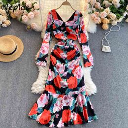 Neploe Square Collar Clavicle Exposed Sexy Dress Women Vintage Print Temperament Vestidos High Waist Hip Mermaid Robe Spring 210423