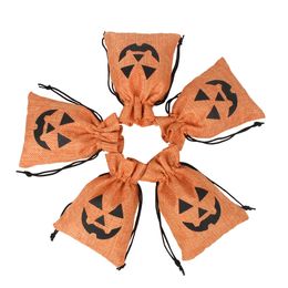 100Pcs/Pack Halloween Gift Wraps Pumpkin Linen Burlap Candy Drawstrings Bag Pocket Treat Storage Bags Cookie Pouch KIds Trick or Treating Party Decor TR0073