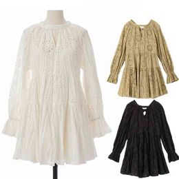 Sweet Japanese Women Chic Flare Sleeve Embroidery Hook Flower Hollow Design Dress + Solid Slip Dress Spring Summer 210514