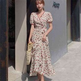 Summer Women Sweet Floral Print V-Neck Boho Long Chiffon Dress Ruffles Wrap Casual Slim Split Sexy Party Robe 210519