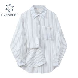 Pocket Striped White Blouses Women's Spring Summer Long Sleeve Shirts Tops Korean BF Streetwear Harajuku OL Casual Blusas 210515