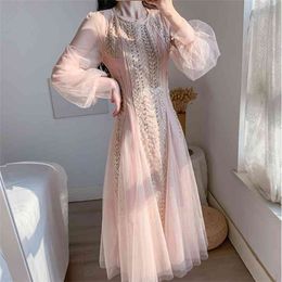 Высококачественные элегантные весенние женщины сетки шикарные платье женские о шеи слойки с длинным рукавом талия тонкий халат Vestidos 210519