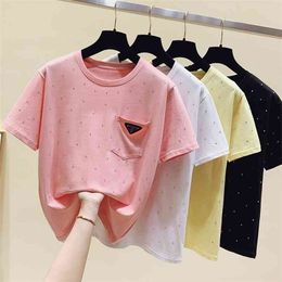 WWENN T Shirt Women Clothes Summer Tops Beading Tshirt T- Casual Tee Femme Korean Cotton Short Sleeve Pockets 210507