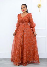 Ethnic Clothing African Dresses For Women Summer 2021 V-neck Long Sleeve Plus Size Dress Maxi Clothes (No Belt)