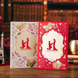 (30 pieces/lot) Red And Beige Colour Marriage Invitation Cards Laser Cut Flower Butterfly Wedding Invitations With Envelope IC02