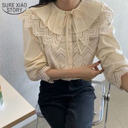 Sweet Hollow Out Lace Shirts Women Embroidery Peter Pan Collar Spring and Autumn Cotton Long Sleeve Women's Blouse 12717 210508