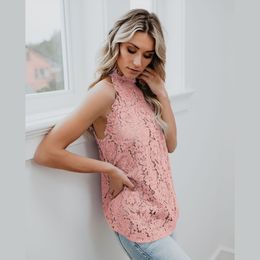 Women Casual Lace Patchwork Hollow Out Blouse Sleeveless Stand Collar Solid Office Lady Shirt Autummn Fashion Women Tops 210412