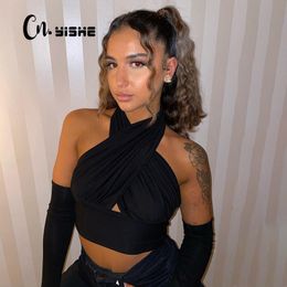 CNYISHE Spring Sexy Off the Shoulder Crop Top For Women T-shirts Tees Tops Halter Backless Cropped Shirts Female Tee Blusas 210419