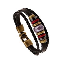 Tennis Vintage Three Strands Manual Braided Beading Bracelets Purple Bead Charms Handmade Genuine Leather Wristbands Jewellery Birthday