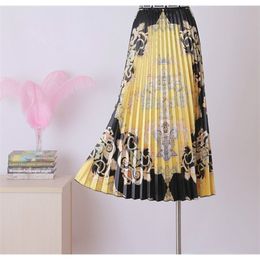 Summer Floral Indie Folk Print Pleated Long Tulle Skirts Women High Waisted Elastic Midi Pattern Skirt Fashion Party Street 210629