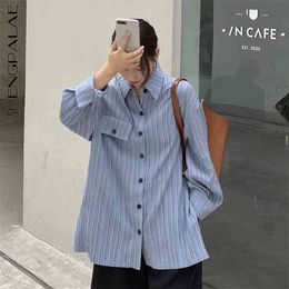 striped blouse women's spring turn-done collor large size single breasted long sleeve shirt female fashion 210427