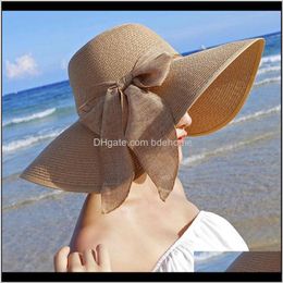 Hats, Scarves & Gloves Fashion Aessories Drop Delivery Summer St Hat Women Wide Brim Sun Floppy Bowknot Folding Beach Hats Caps 2021 Myopk