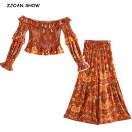 Bohemia Ruched Elastic Slash neck floral Print Long sleeve Shirt Orange Women Waist Wide leg Pants 2 Pieces Set 210429