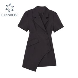 Irregular Design Black Suit Dress For Women Summer Fashion Sexy V Neck Short Sleeve Office Style Female Mini Dresses 210515