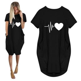 Summer Women Dresses Heart Beat Love Print Plus Size Midi Casual O Neck Short Sleeve With Pocket Loose Fashion Femme 210517