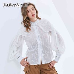 TWOTWINSTYLE White Casual Shirts For Women Stand Collar Lantern Long Sleeve Lace Designer Loose Blouses Female Autumn 210517