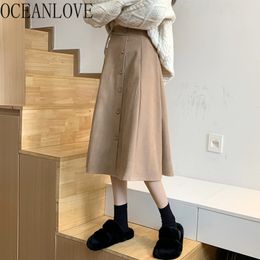Long Skirts Women Solid A-line Autumn Winter Faldas Mujer High Waist Buttons Korean Style Skirt 18831 210415