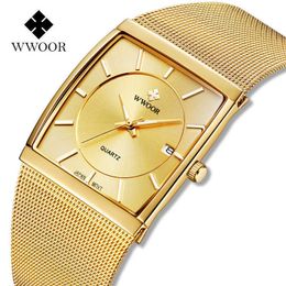 WWOOR Mens Gold Ultra Thin Watches Top Brand Luxury Business Quartz Wrist Watch Male Waterproof Dress Mesh Band Clocks Men Xfcs 210527