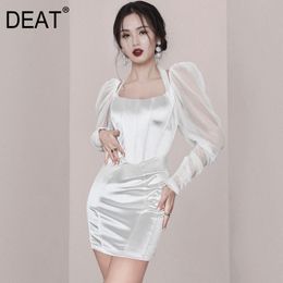 DEAT Women White Patchwork Gauze High Waist Dress New Square Collar Princess Sleeves Slim Fit Fashion Tide Summer 7E0395 210428