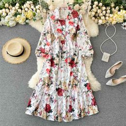 Spring and autumn women's dress retro print ruffled long skirt shirt collar foreign style puff sleeve woman LL001 210507
