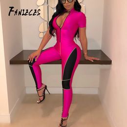 women summer bodysuit casual fashion fitness jumpsuit short sleeve full length slim skinny solid Colour zipper stracksuit 210520