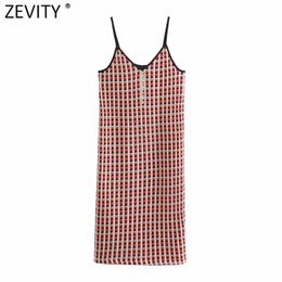 Women Vintage V Neck Breasted Houndstooth Plaid Knit Slim Sling Dress Female Chic Summer Brand Party Midi Vestido DS8120 210420