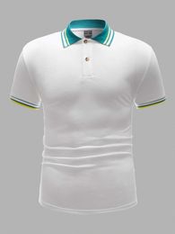 Men Contrast Collar Striped Trim Polo Shirt a15p#