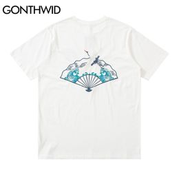 Tee Shirt Harajuku Embroidery Crane Sea Wave Hand Fan Tshirts Streetwear Japanese Style Short Sleeve Casual Cotton Tops 210602