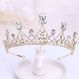 2021 Fashion Children Birthday Crown Headwear Big White Crystal Alloy Leaves Crowns For Bridal Luxury Wedding Tiara Accessories