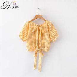 Backless Sexy Blouse Women Summer Wrap Shirt Short Sleeve Womens Tops and s Girl Blusa Plaid Bow 210430