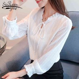 Autumn/spring Fashion ladies long shirt Striped Women Chiffon Blouses Bow Tops Ruffled Collar Clothing 5402 50 210427