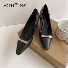 SOPHITINA Pumps Woman Shallow Genuien Leather Metal Decoration Pointed Toe High Metal Square Heel Office Lady Shoes PO1050 210513